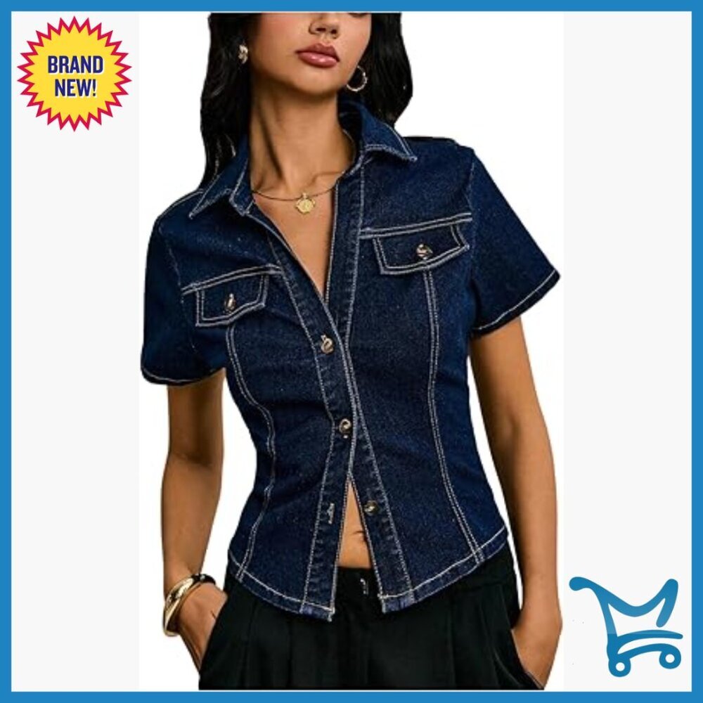 Short Sleeve Denim Jacket Fitted Y2K Button Down Shirt Collared Casual